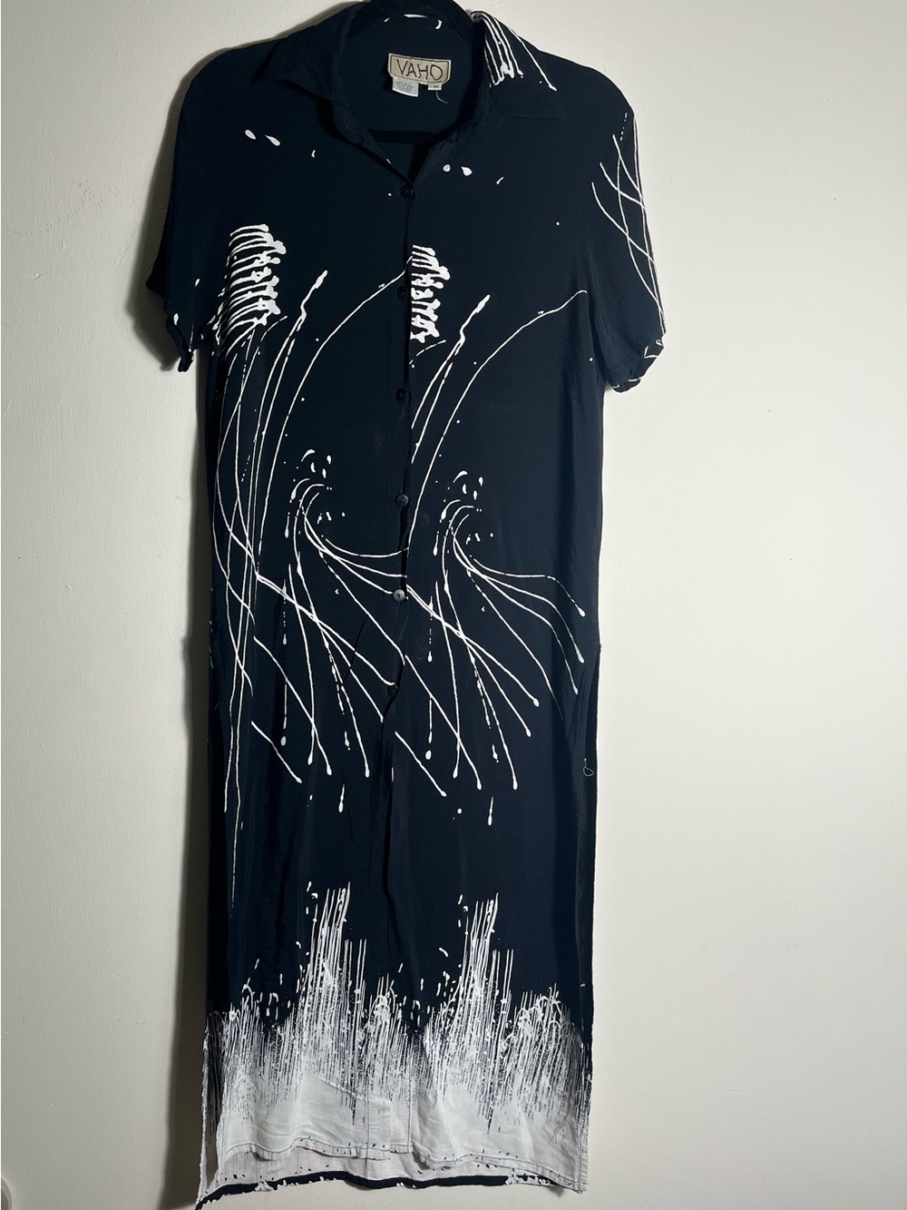 Black White Abstract Paint Print Rayon Shirt Dress Button Front Artsy